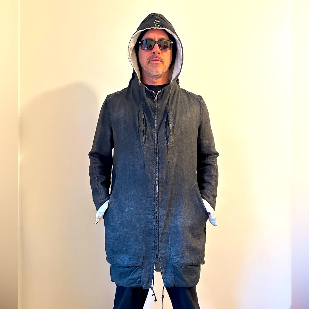 Vintage L Transit Uomo Waxed Linen Parka Long Black/White interior Size L